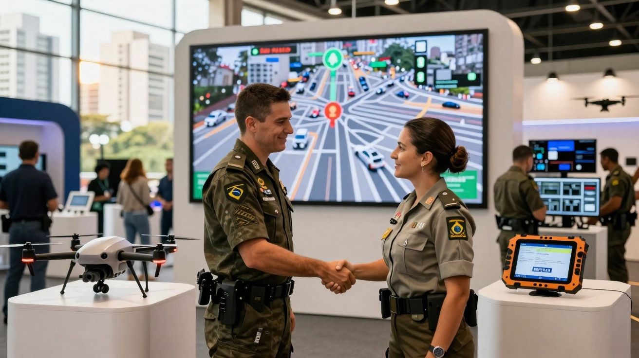 Dois militares brasileiros apertam as mãos em estande com drone e tela de monitoramento no fundo.