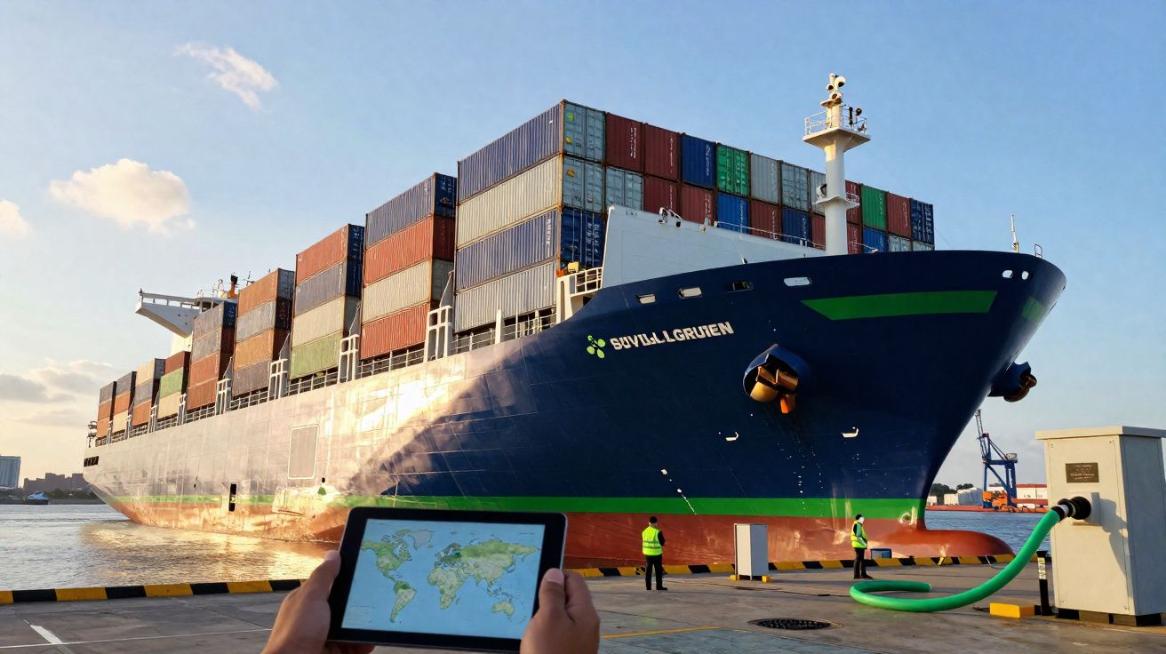 Navio cargueiro azul com containers coloridos ancorado em porto ao entardecer, com pessoa segurando tablet com mapa-múndi.