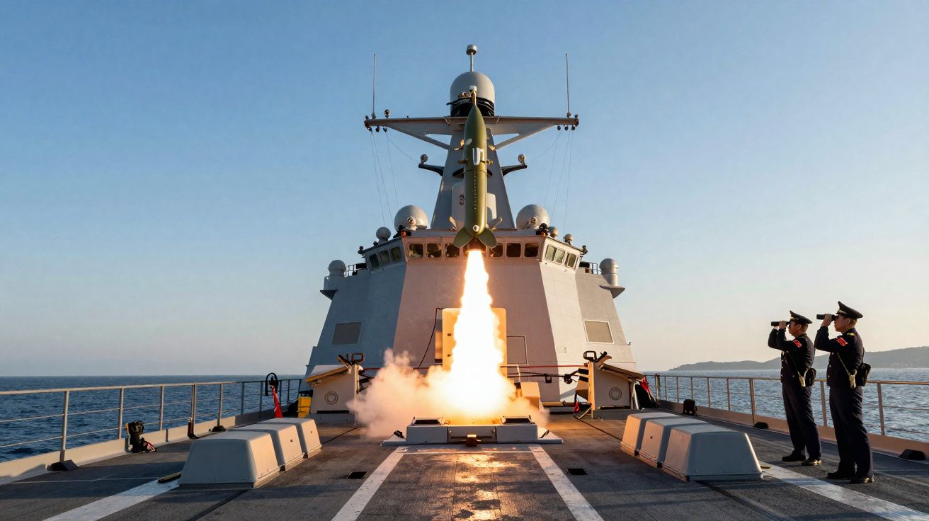 Lançamento de míssil a partir de navio militar com dois marinheiros observando ao fundo no mar.