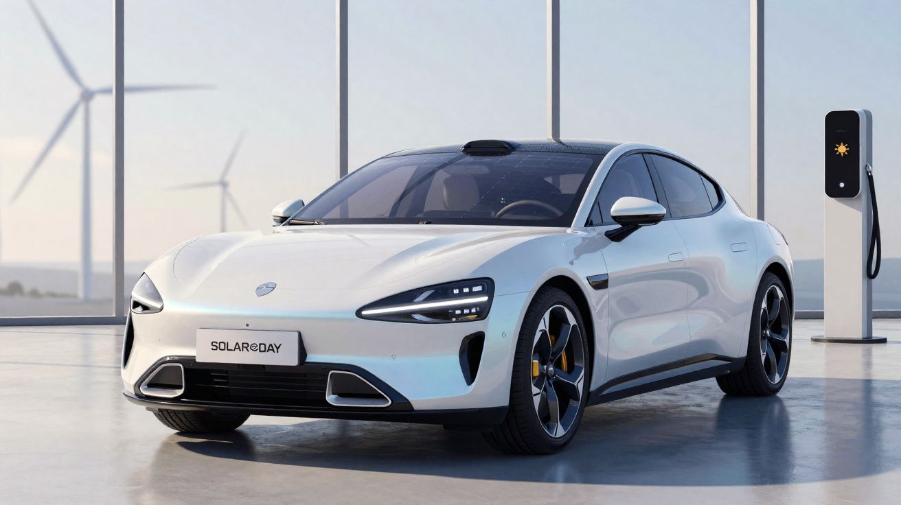 Carro elétrico branco estacionado ao lado de carregador, com turbinas eólicas ao fundo em ambiente moderno.