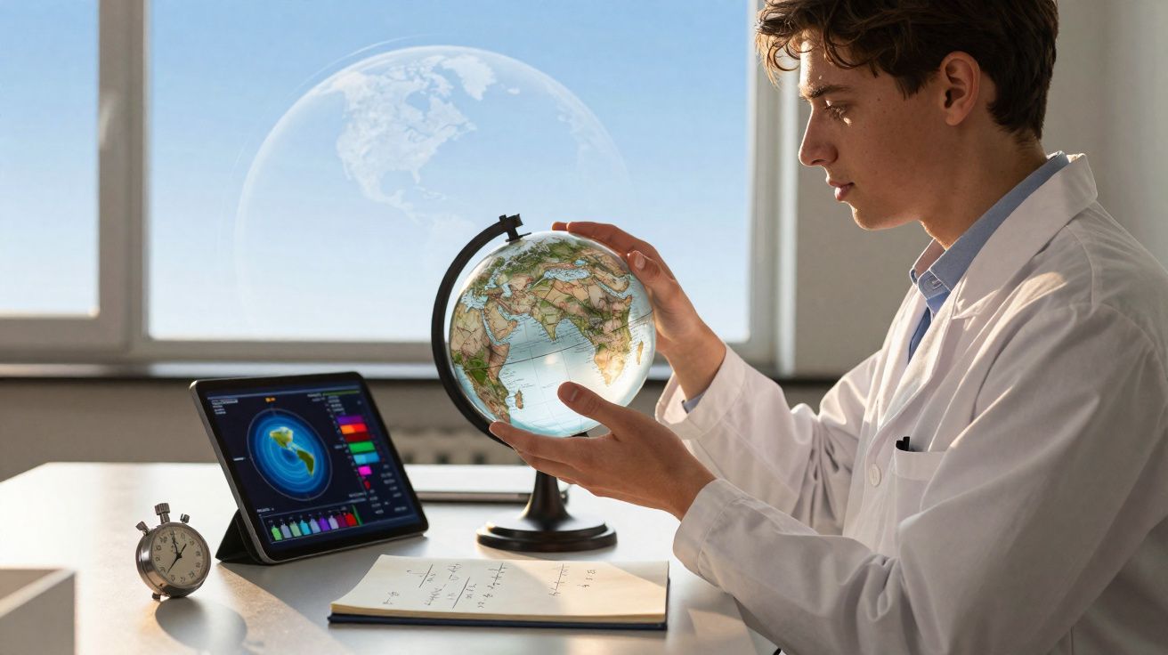 Jovem com jaleco branco segurando globo terrestre em mesa com tablet, despertador e caderno de anotações.