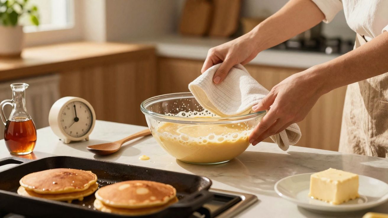 Pessoa segurando tigela de vidro com massa de panqueca em cozinha, com frigideira e panquecas douradas.