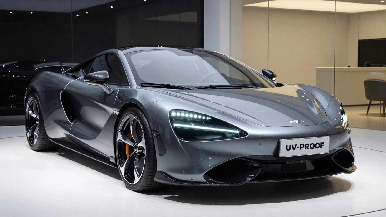 Carro esportivo cinza metálico estacionado em ambiente interno com iluminação branca.