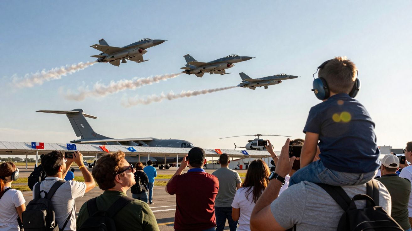 Pessoas assistem à passagem de quatro aviões de caça militares voando em formação com trilhas de fumaça.
