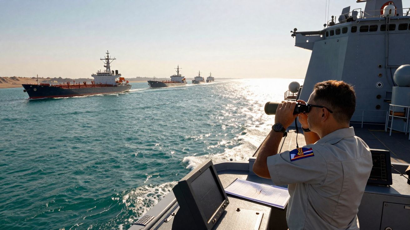 Marinheiro observa navios de carga pelo binóculo em navio militar no mar em dia ensolarado.