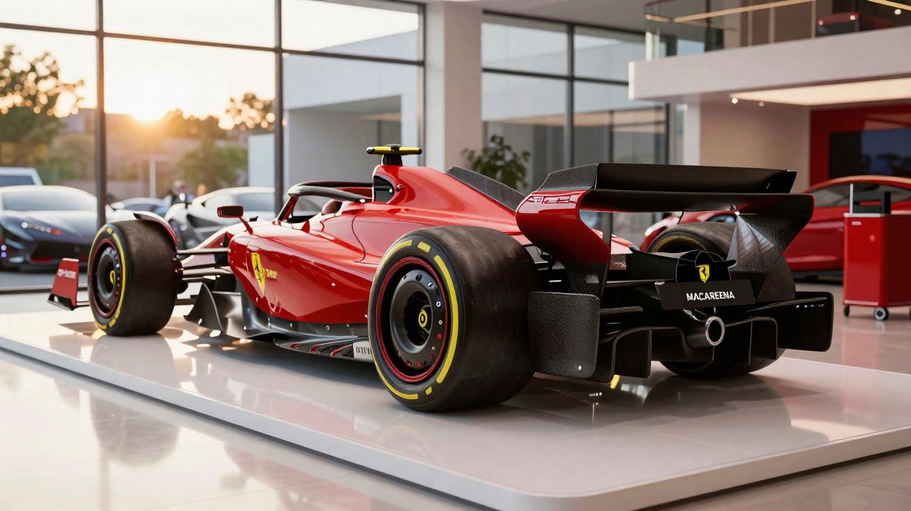 Carro de corrida Ferrari vermelho exposto em plataforma dentro de showroom moderno com luz natural.