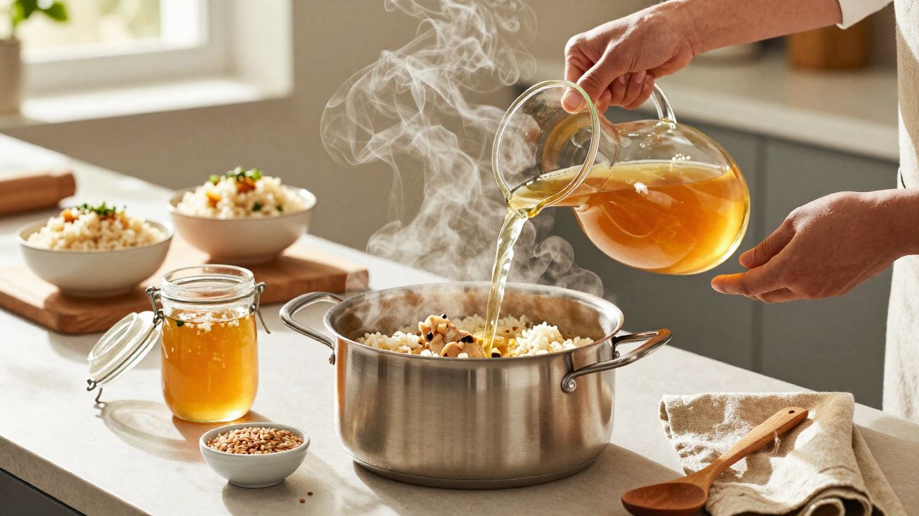 Pessoa despejando caldo quente em panela com arroz e legumes em cozinha iluminada naturalmentem com vapor.