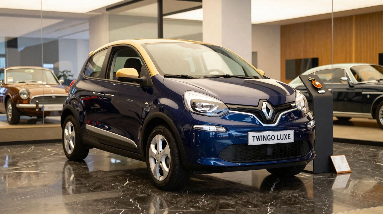 Carro Renault Twingo Luxe azul em exposição interna com chão de mármore e veículos clássicos ao fundo.