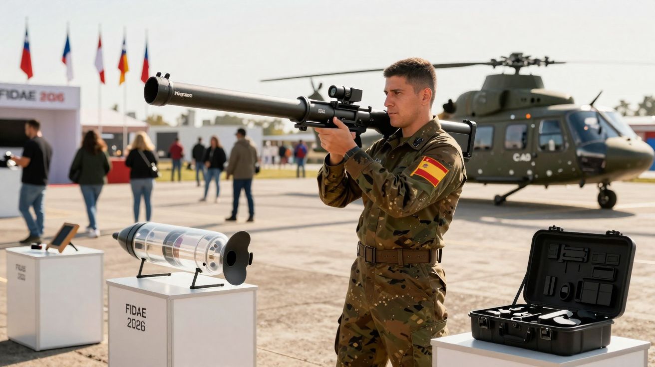 Militar com farda camuflada segura lançador de foguetes em exposição militar com helicóptero ao fundo.