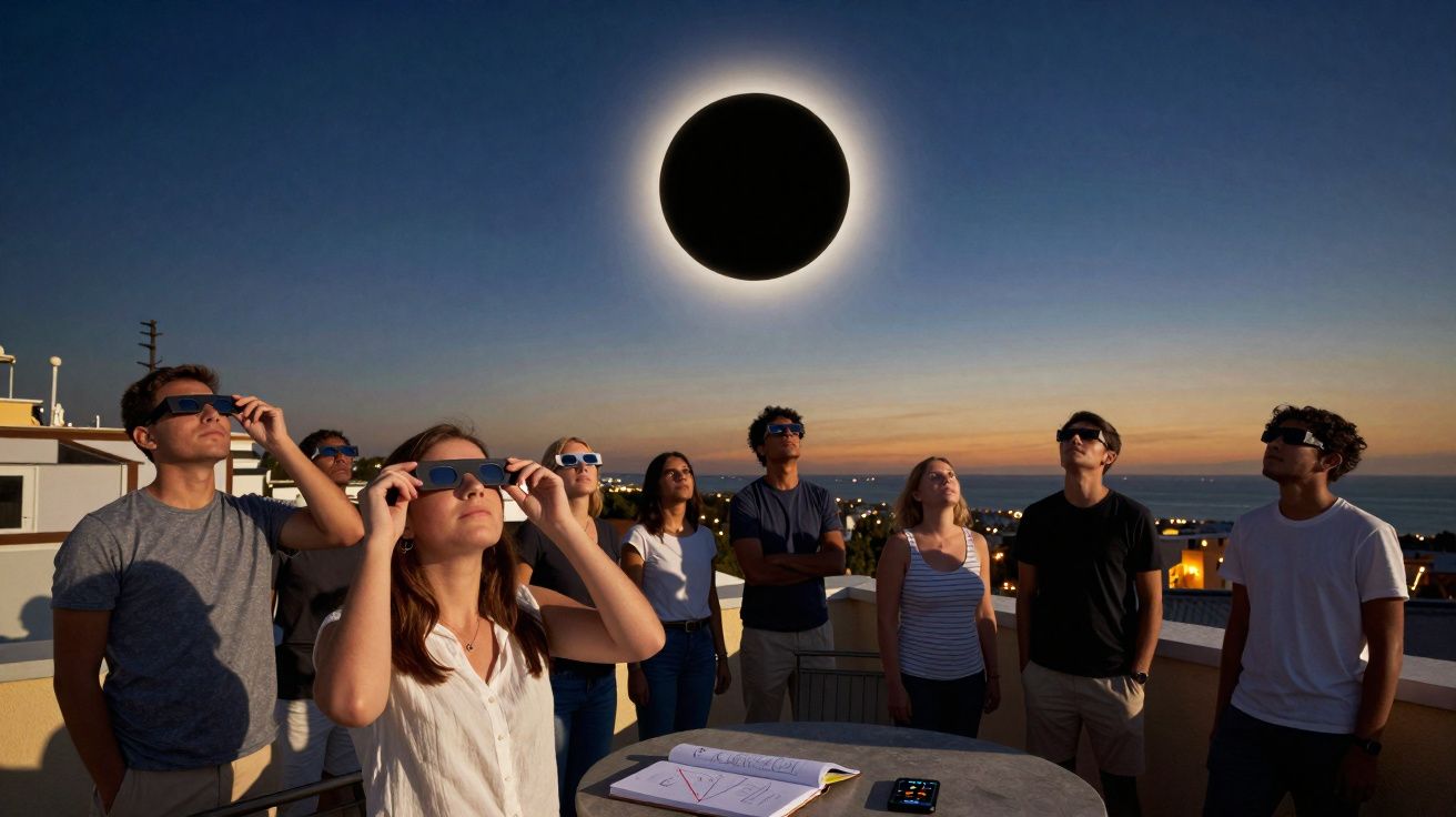 Grupo de pessoas em telhado observando eclipse solar com óculos especiais ao pôr do sol.