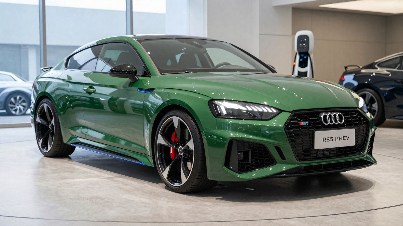 Audi RS5 PHEV verde exibido em showroom, com design esportivo e rodas pretas com detalhes vermelhos.