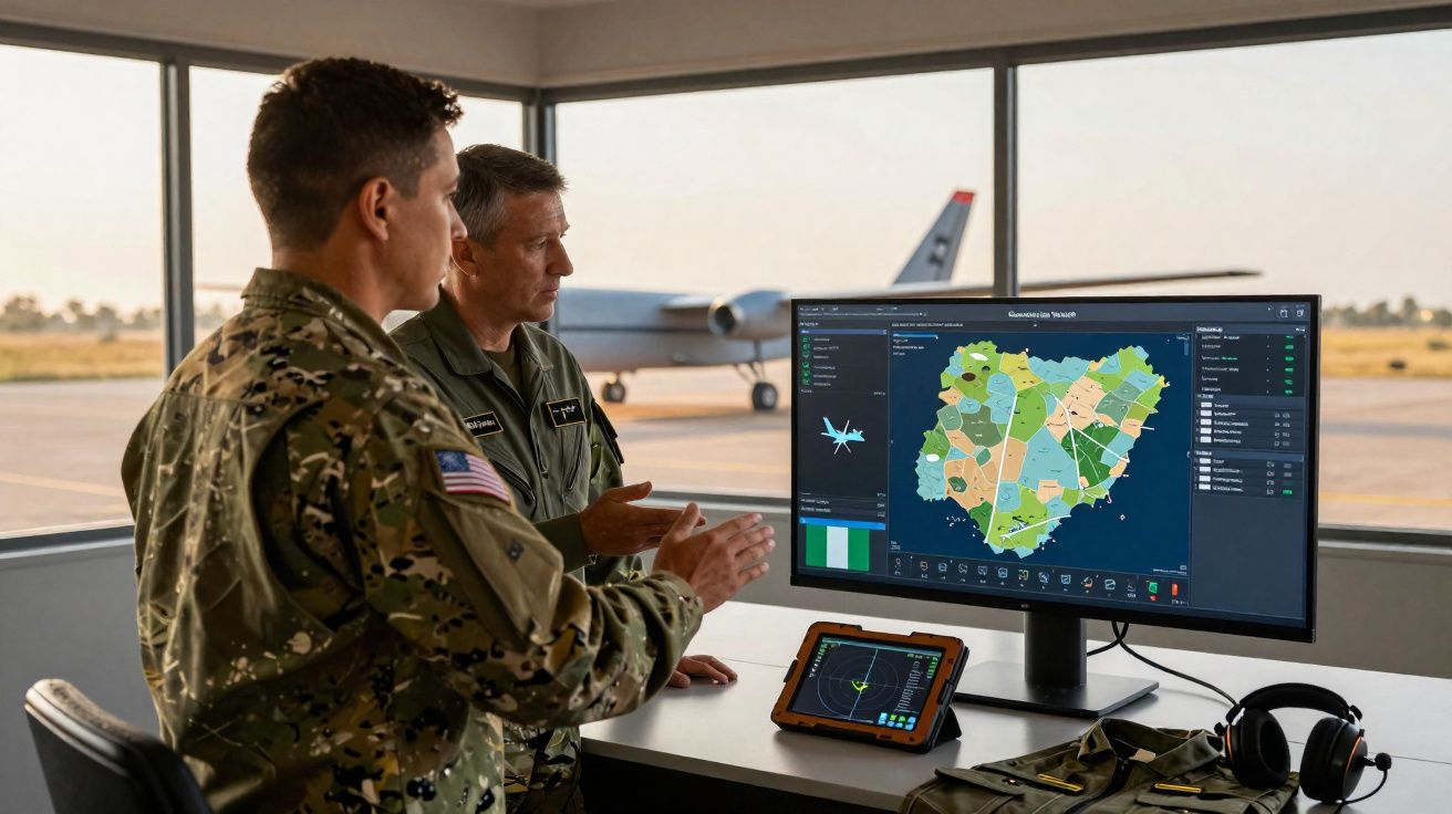 Dois militares observam mapa digital de áreas e drone em monitor dentro de torre de controle de aeroporto.