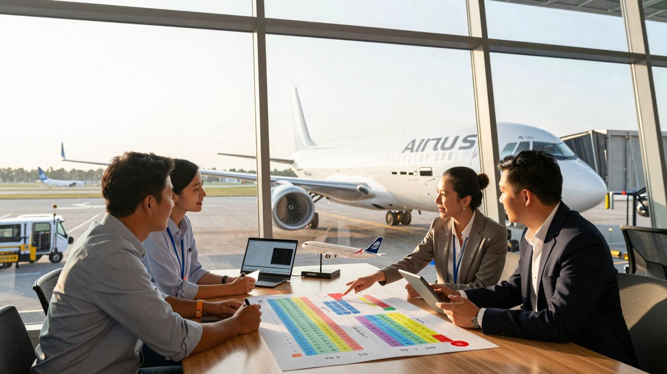 Quatro pessoas em reunião no aeroporto, com avião Airbus parado na pista ao fundo.