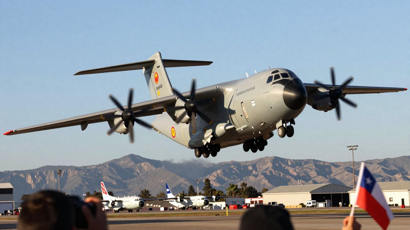 Avião militar de transporte em voo baixo sobre pista com montanhas ao fundo e pessoas observando.