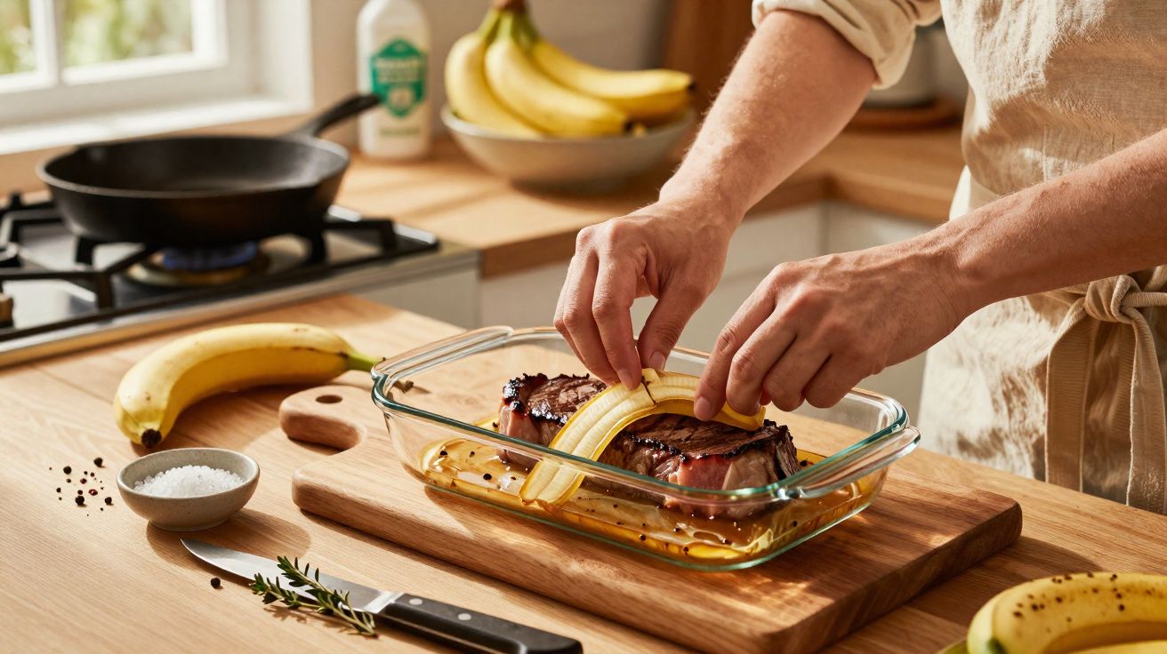 Pessoa colocando fatias de banana sobre peça de carne em refratário na cozinha.