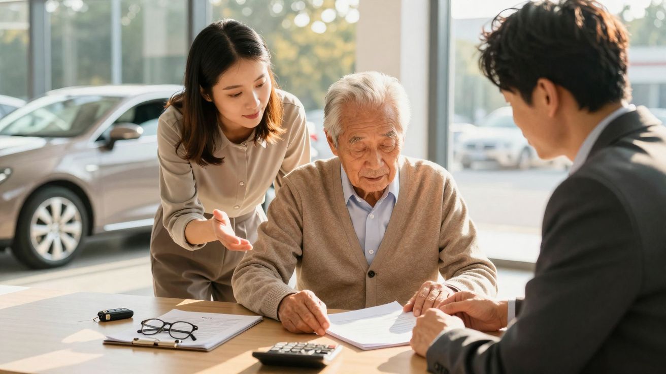 Idoso acompanhado por duas pessoas jovens assina documentos em mesa com calculadora e óculos.