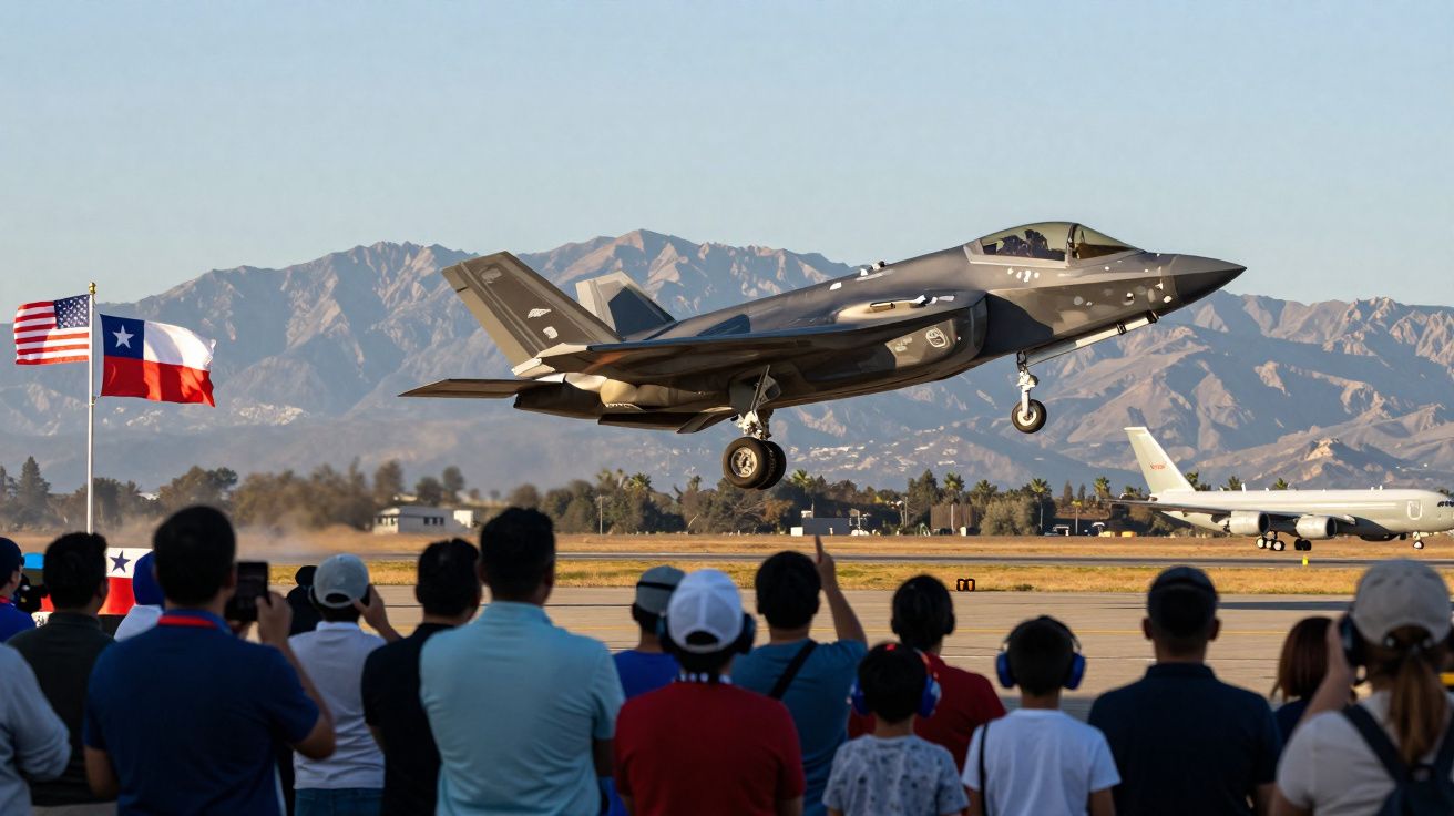 Público observa caça F-35 decolando em aeroporto com bandeiras dos EUA e Texas ao fundo.