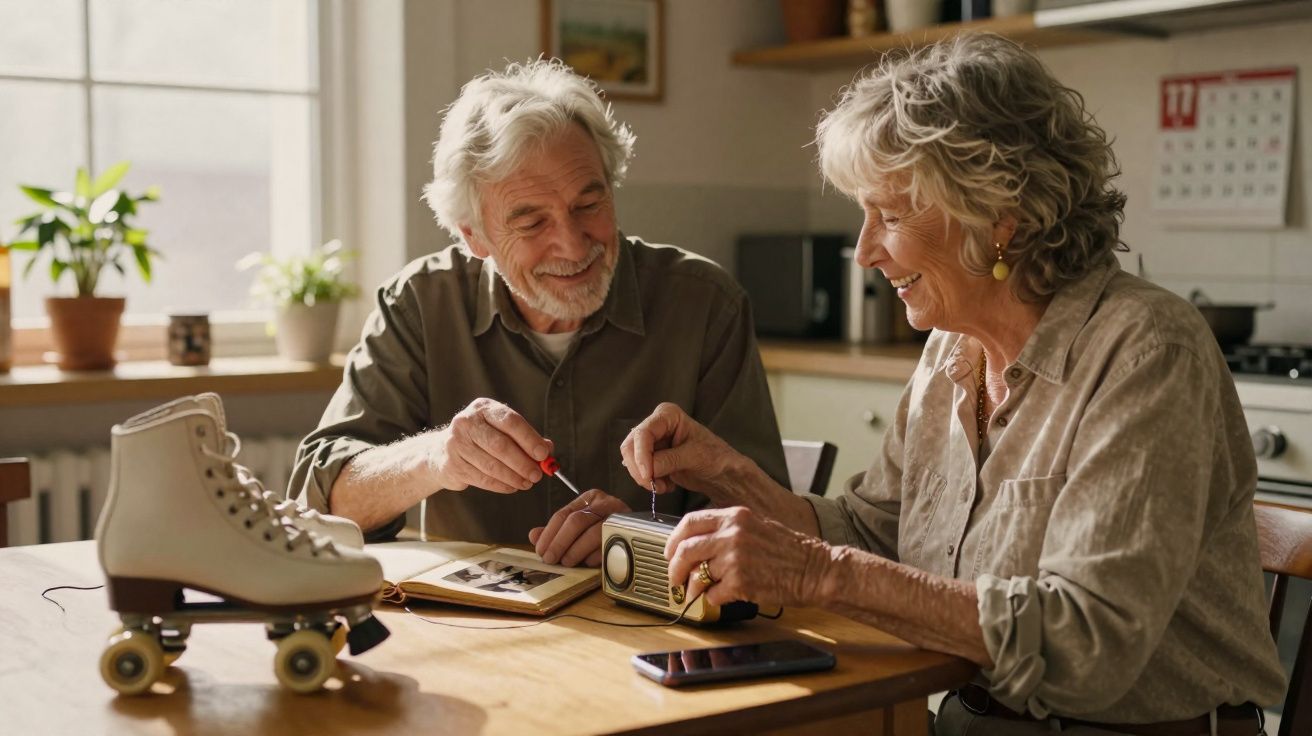 Casal idoso sorridente consertando rádio antigo enquanto estão sentados à mesa de madeira.