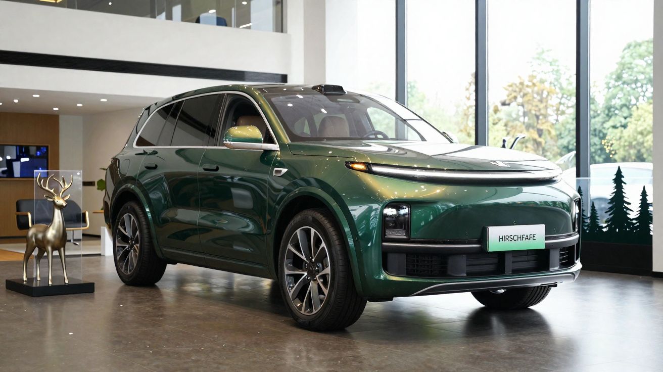 Carro SUV verde exibido em ambiente interno moderno com escultura de veado dourado ao lado.