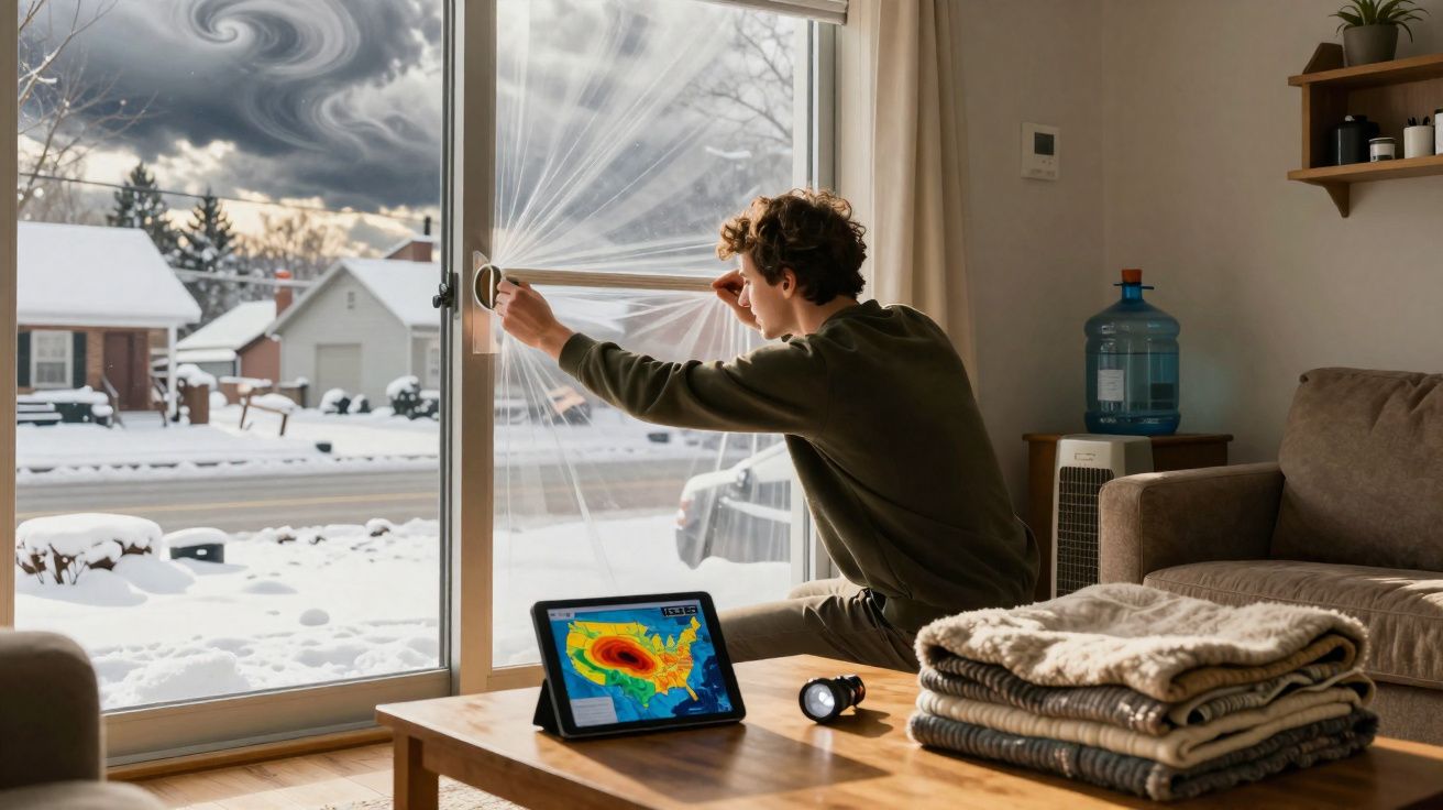 Pessoa fechando isolamento térmico em porta de vidro com neve do lado de fora e mapa meteorológico em tablet.
