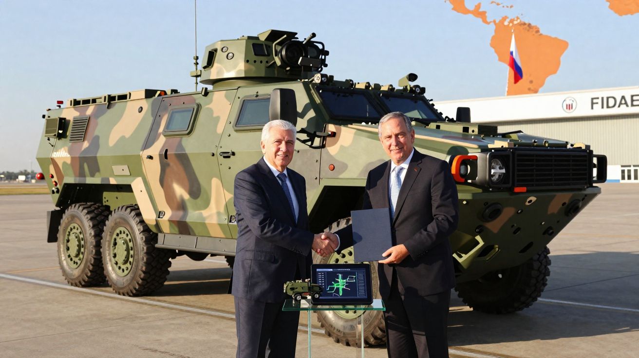 Dois homens de terno apertam as mãos em frente a veículo militar blindado camuflado em área externa.