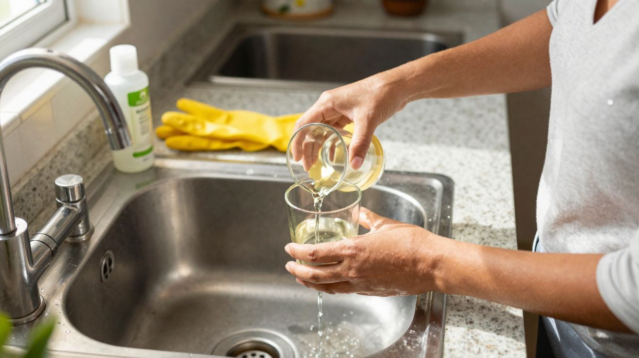 Pessoa derramando líquido transparente de um copo para outro sobre a pia da cozinha.