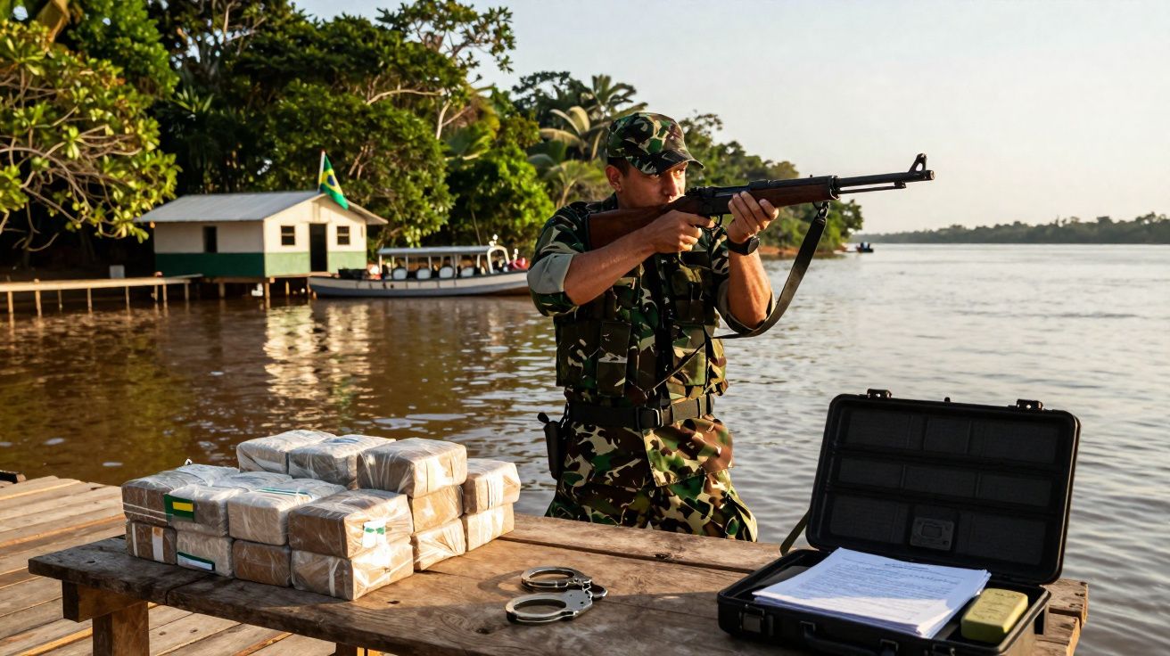 Policial em farda camuflada com arma, mesa com drogas embaladas, algemas e documentos à beira de um rio.