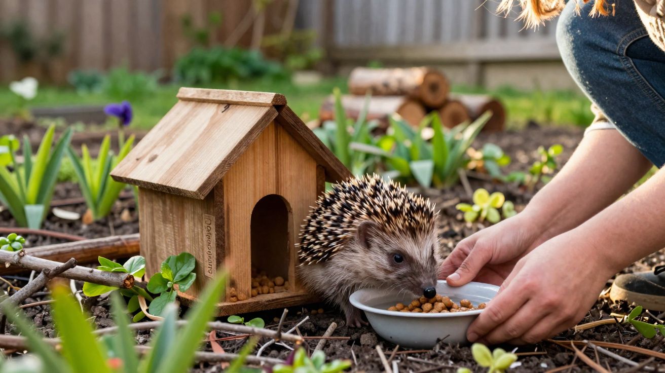 Porco-espinho comendo em um pote branco próximo a uma casinha de madeira em um jardim.