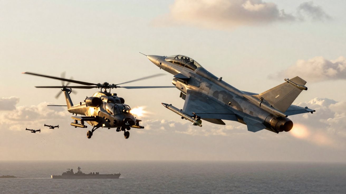 Helicóptero e avião de caça voando sobre o mar com navio militar ao fundo ao entardecer.