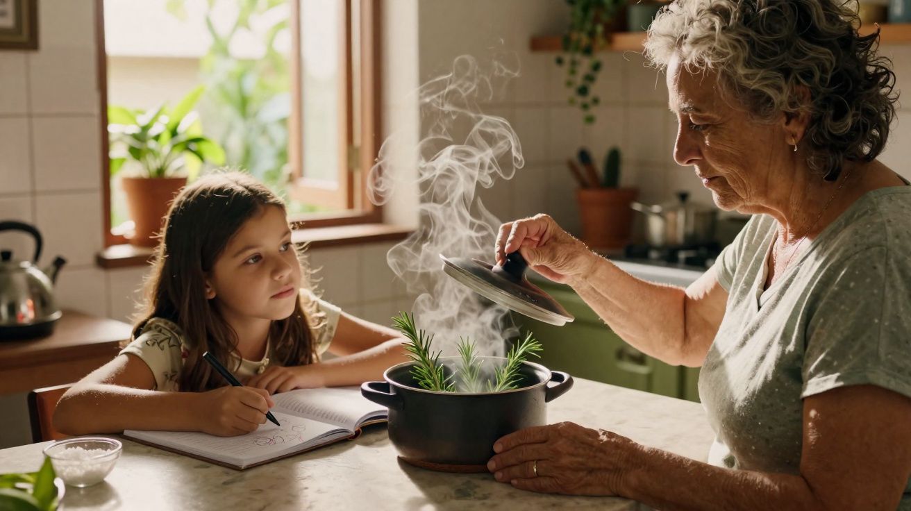 Idosa levantando tampa de panela com ervas enquanto menina observa e faz anotações à mesa da cozinha.