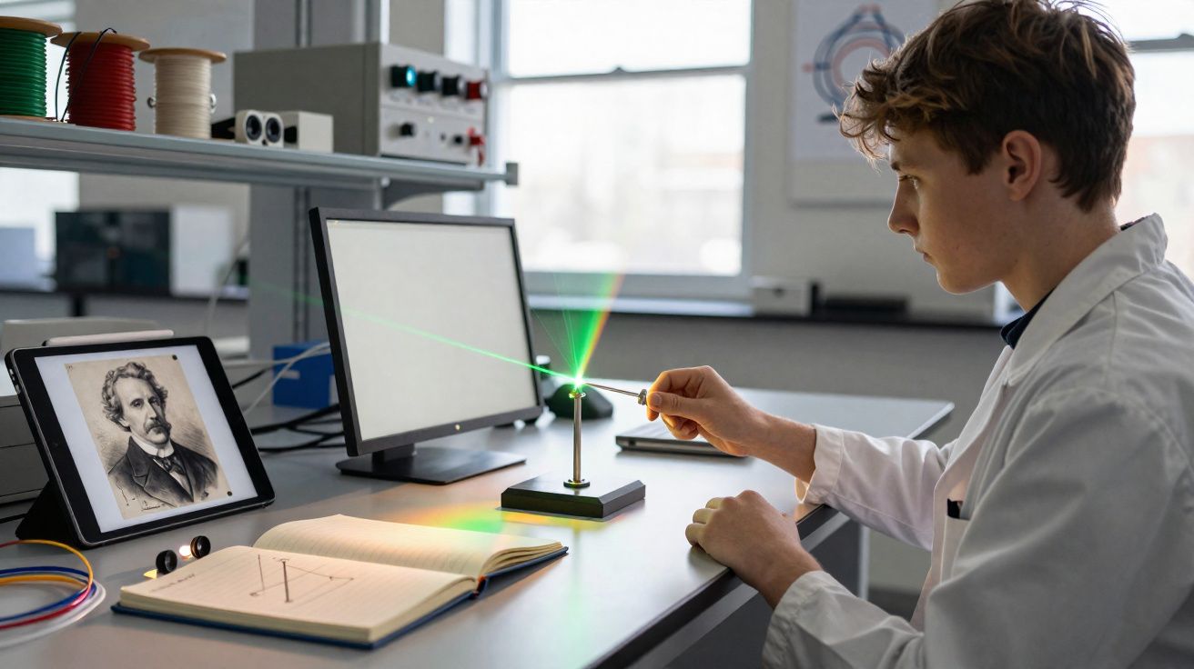 Jovem em laboratório usando jaleco manipula feixe de laser que se refrata em prisma colorindo mesa.