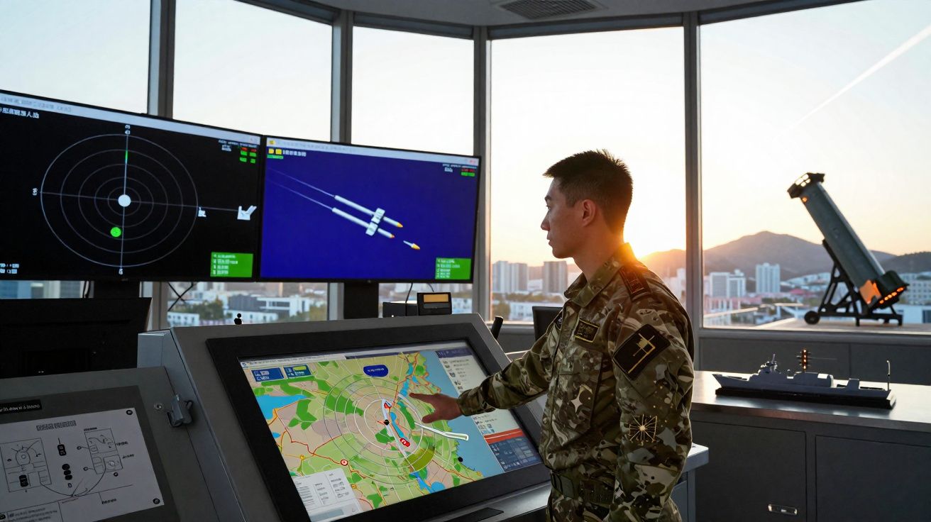 Militar operando sistema de radar com telas digitais em sala de controle com vista da cidade ao pôr do sol.