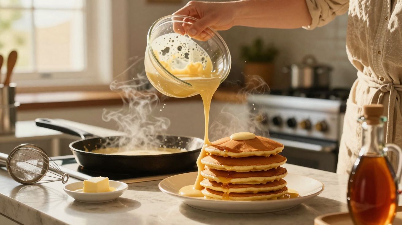 Mão despejando calda sobre pilha de panquecas quentes com manteiga na cozinha iluminada.
