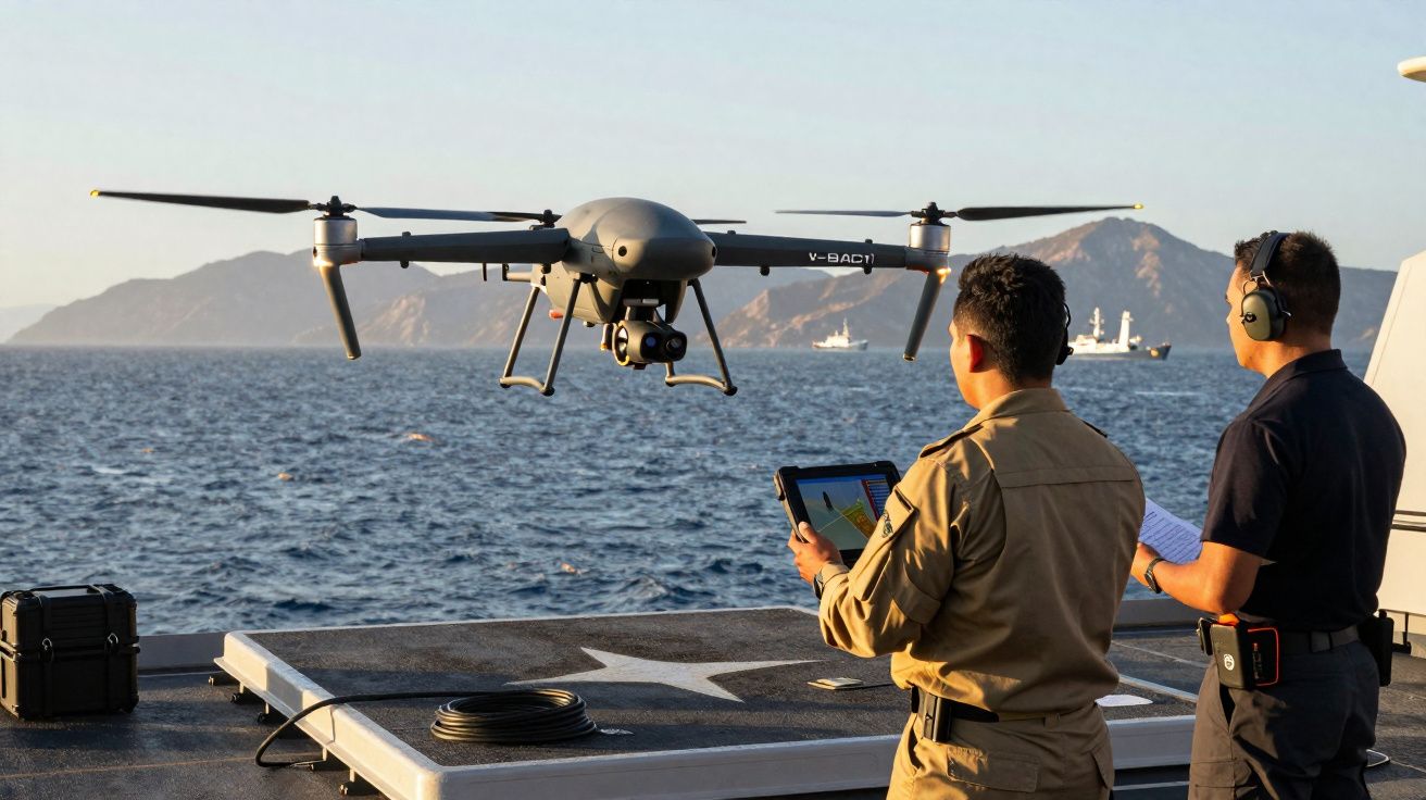 Dois homens operam drone sobre deck de navio em mar com montanhas ao fundo, durante o dia.