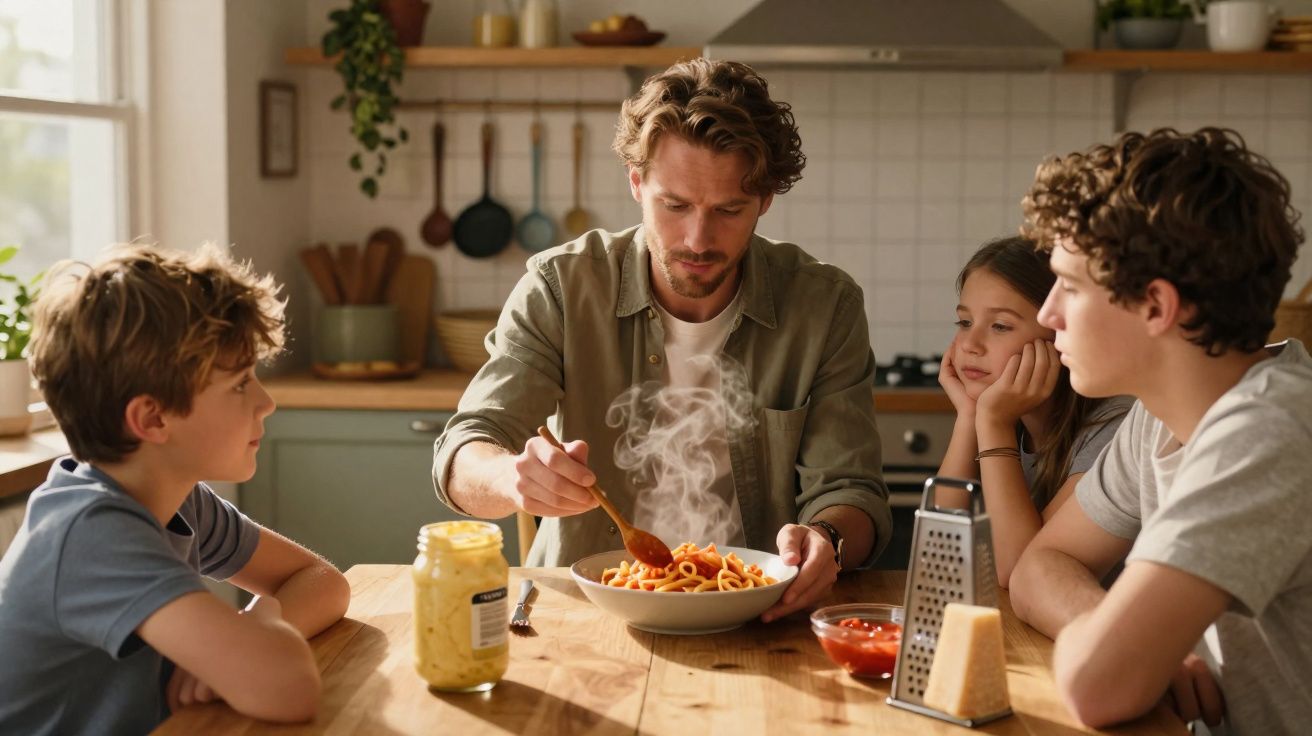 Homem e três crianças sentados à mesa na cozinha, com um prato de macarrão fumegante à frente.