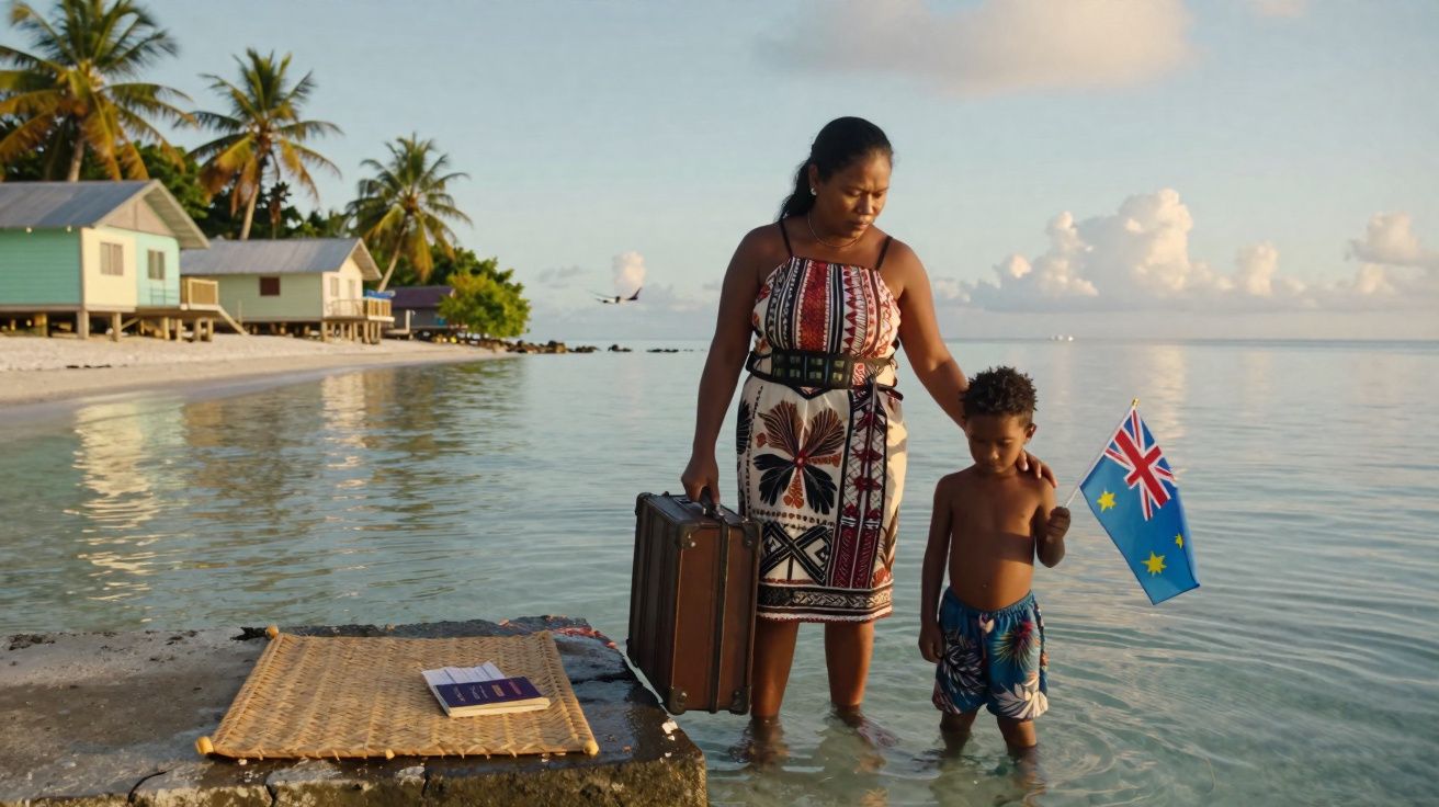 Mulher com mala e criança segurando bandeira na água próxima à praia com casas e coqueiros ao fundo.
