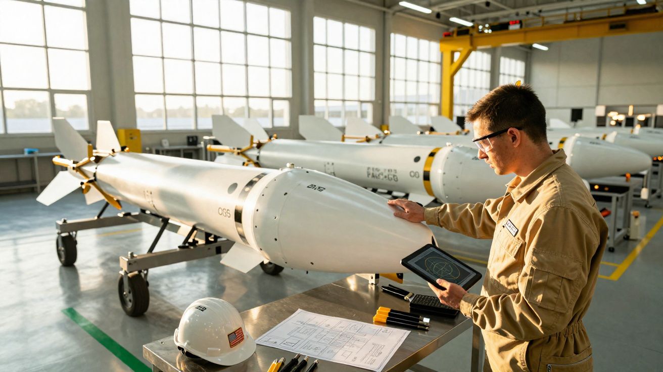 Homem com tablet inspeciona bombas militares brancas em ambiente industrial iluminado.