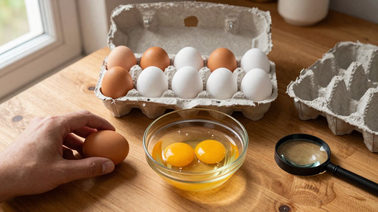 Ovos brancos e marrons em embalagem reciclável, com dois ovos quebrados em tigela de vidro sobre mesa de madeira.