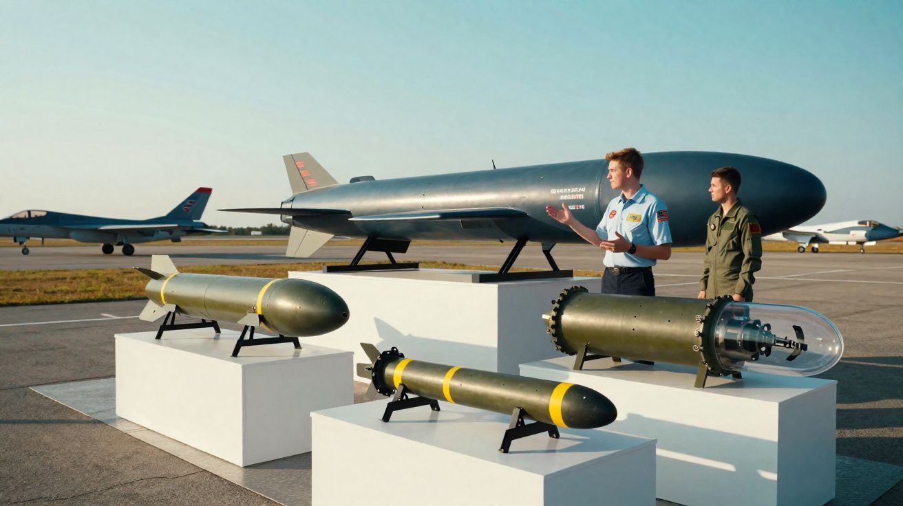 Dois militares observam diferentes modelos de mísseis expostos em um aeródromo durante o dia.