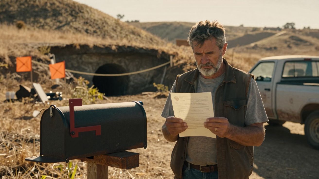 Homem de meia-idade lê carta ao lado de caixa de correio preta em área rural com caminhonete ao fundo.