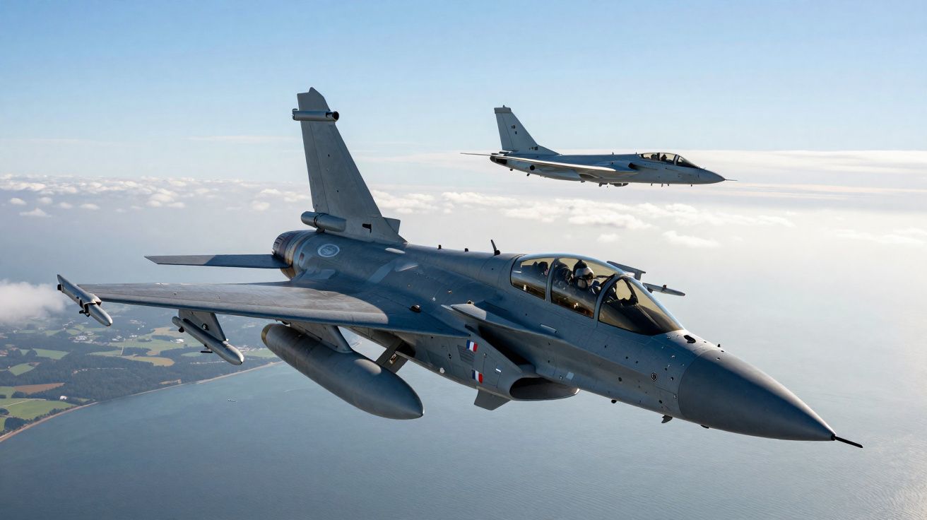 Dois caças militares voando sobre o mar em dia claro com céu azul e poucas nuvens.