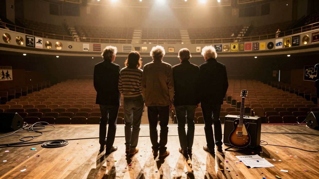 Cinco pessoas vistas de costas em um palco vazio com iluminação suave e guitarra ao lado.