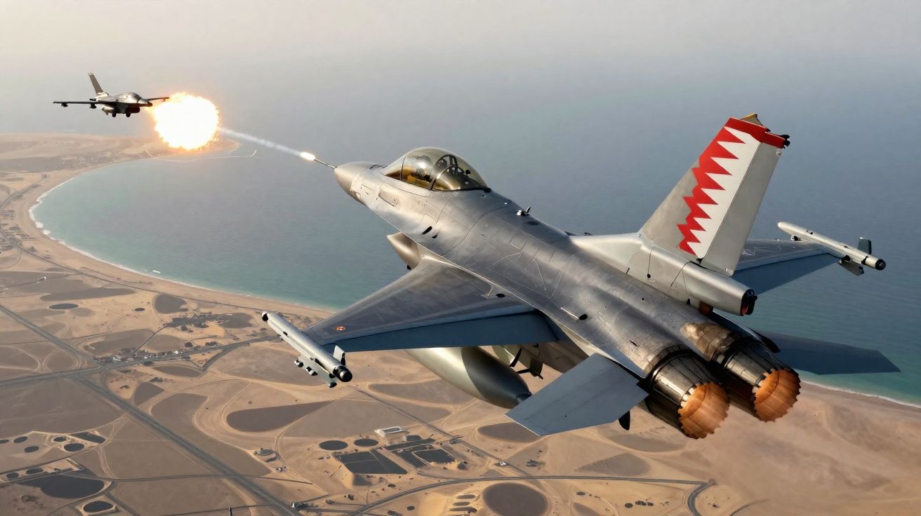 Caça militar dispara míssil a jato em voo sobre área desértica costeira.