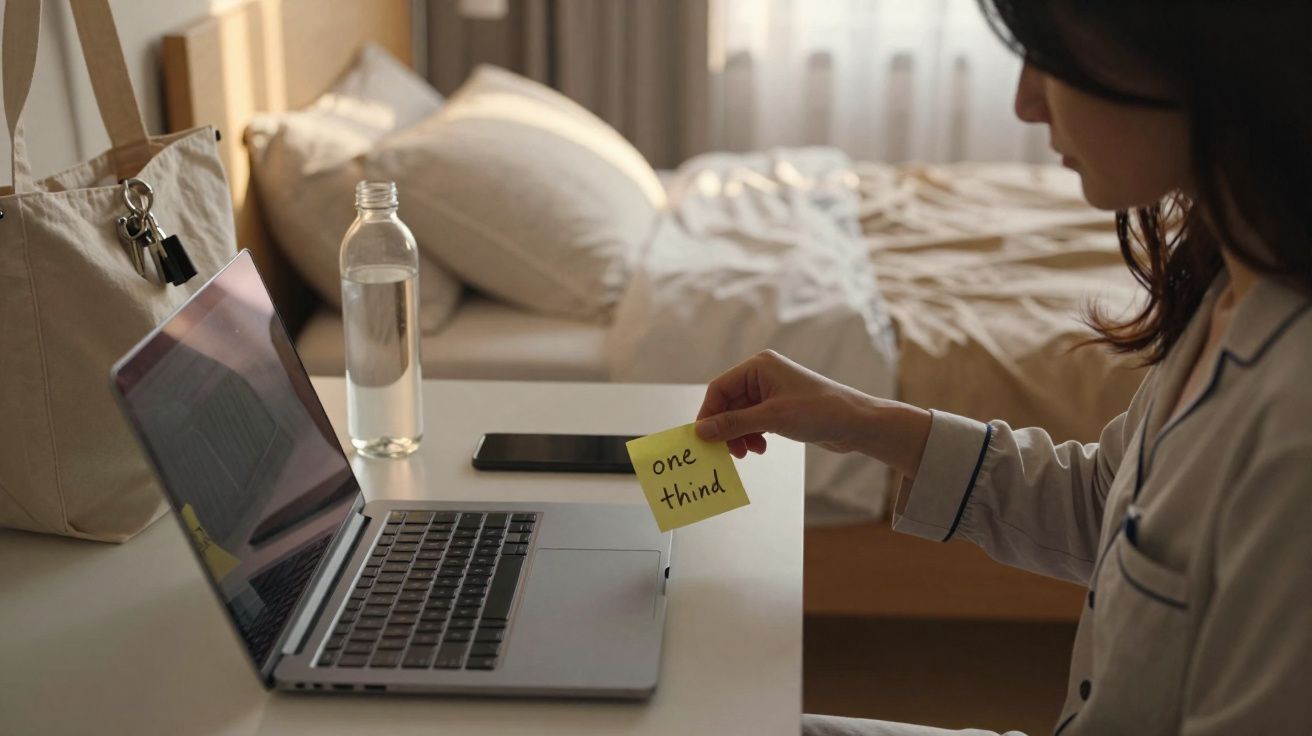 Pessoa segurando um post-it com texto ao lado de notebook em mesa de quarto com garrafa de água e celular.