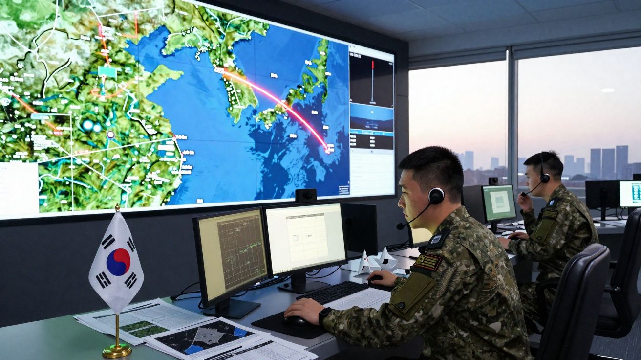 Oficiais militares sul-coreanos monitoram mapas e dados em telas de computador em sala de controle.