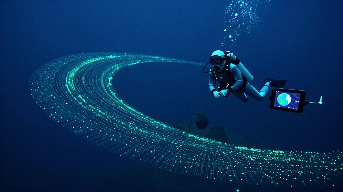 Mergulhador explorando o fundo do mar com ondas de luzes digitais ao redor em ambiente submarino azul.