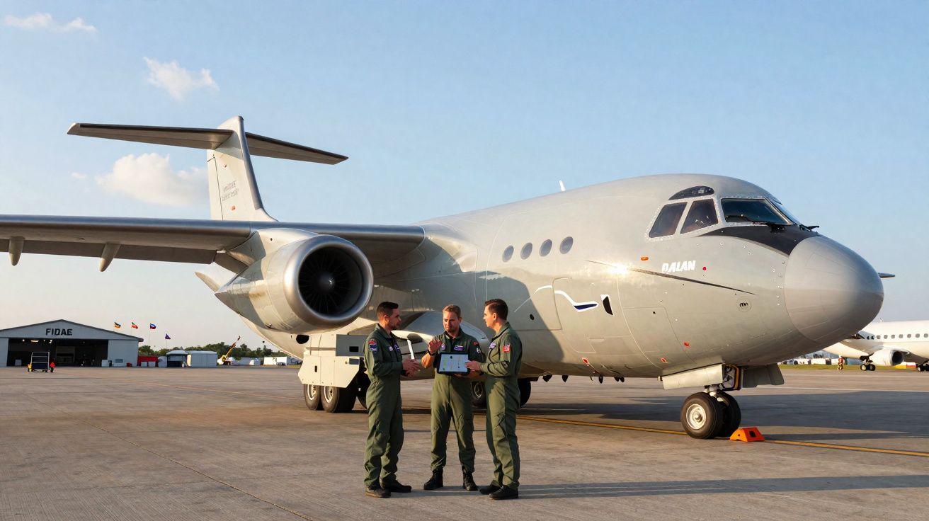 Três militares em uniforme conversam diante de avião militar cinza estacionado em pista de aeroporto.