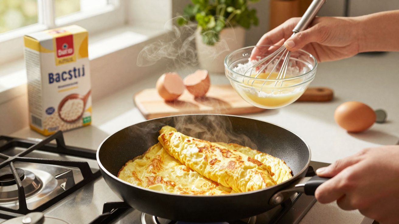 Omelete dourada sendo preparada em frigideira com clara de ovo batendo ao fundo na cozinha.