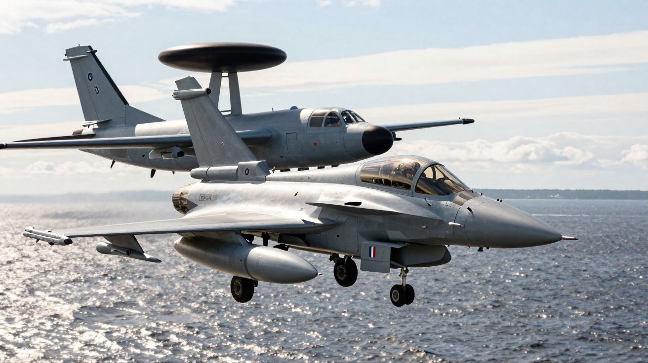 Dois aviões militares voam sobre o mar em um céu parcialmente nublado.