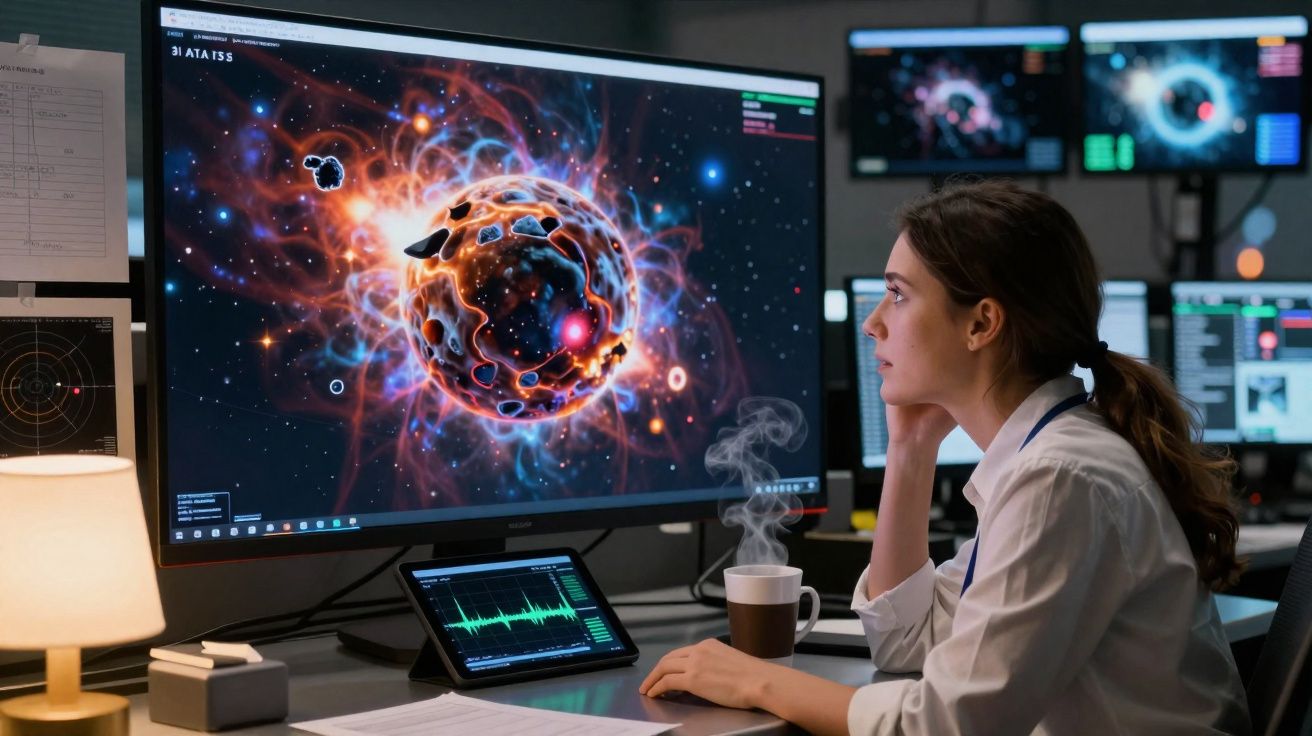Mulher observando imagem digital de planeta em erupção em monitor, com café fumegante na mesa à noite.